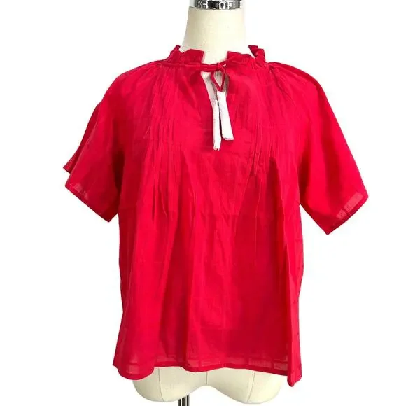 Never A Wallflower Red Peasant Top Red Cotton Windowpane - Picture 1 of 6